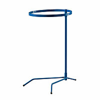 A blue metal frame with a round ring on top to hold a sack, supported by a vertical post and a three-legged base for stability.